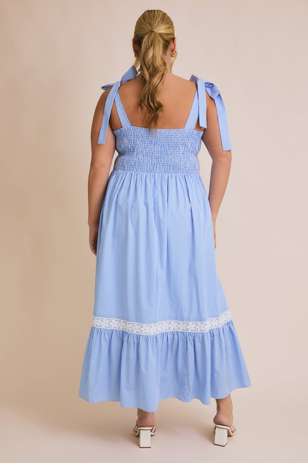 PLUS SQUARE NECK TIE STRAP LACE TIRM STRIPE DRESS