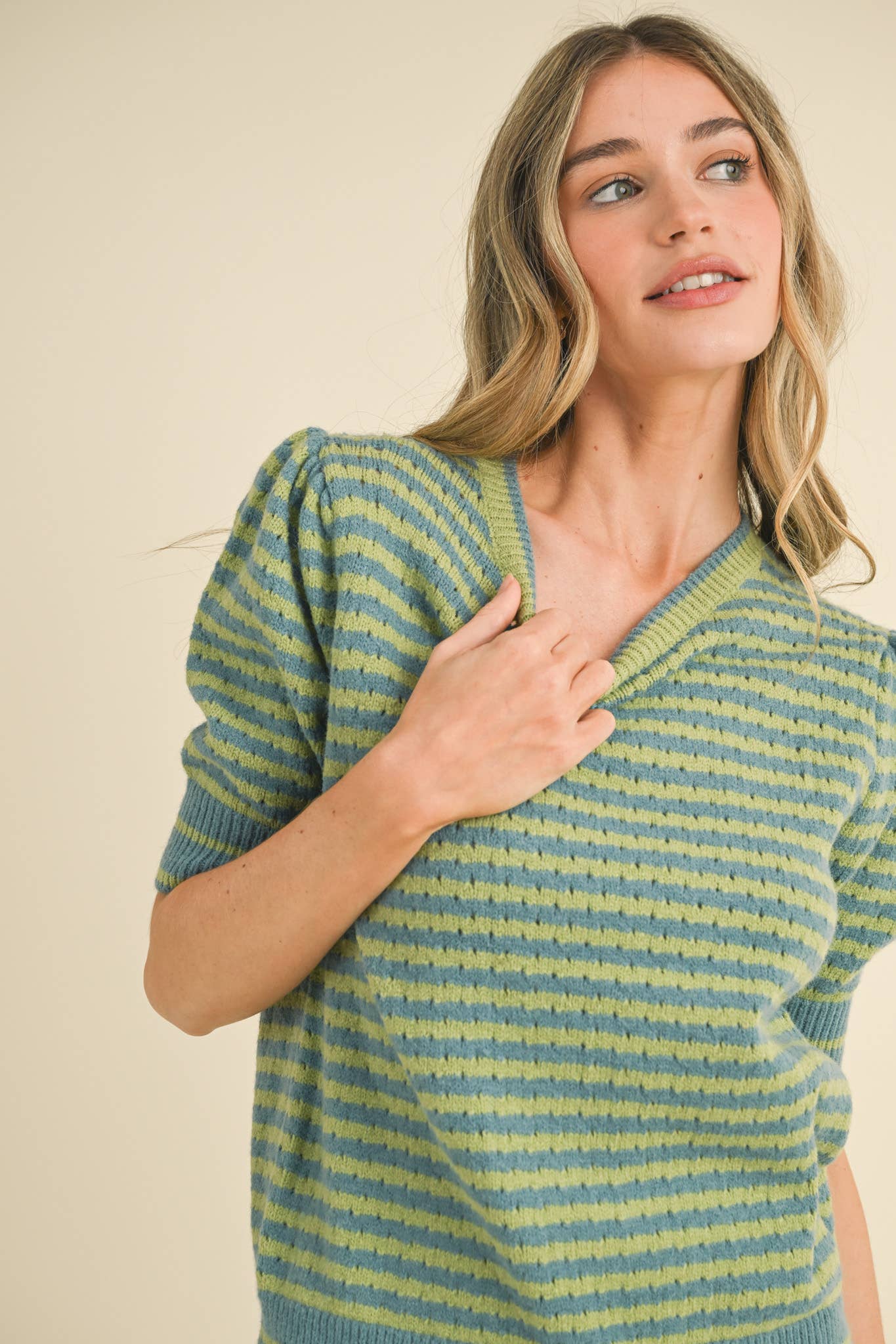 Striped Pointelle Knit Sweater with Puff Sleeves – Lightweight Crew Neck