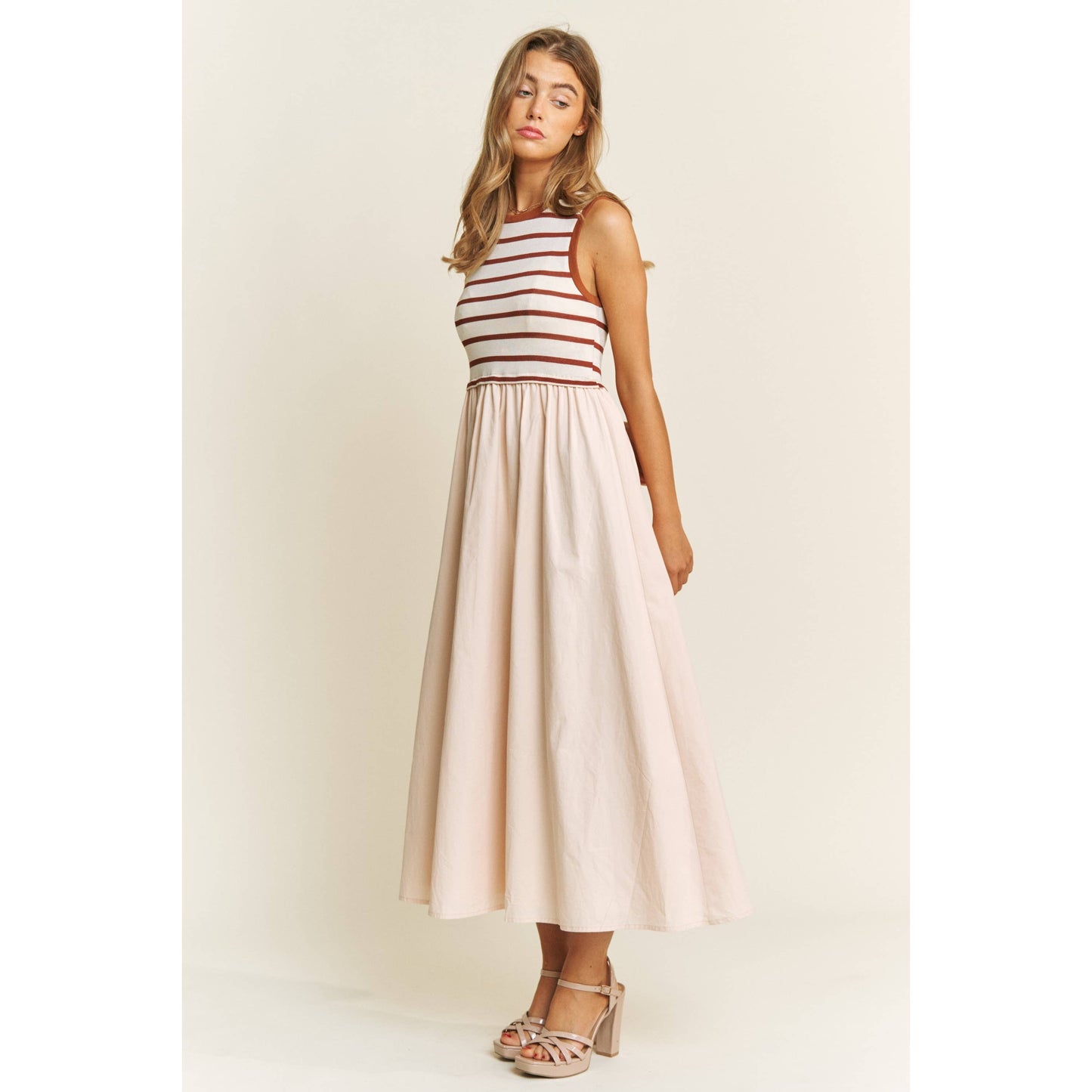 Cotton Maxi Dress with Knit Stripe Top – Sleeveless Pullover