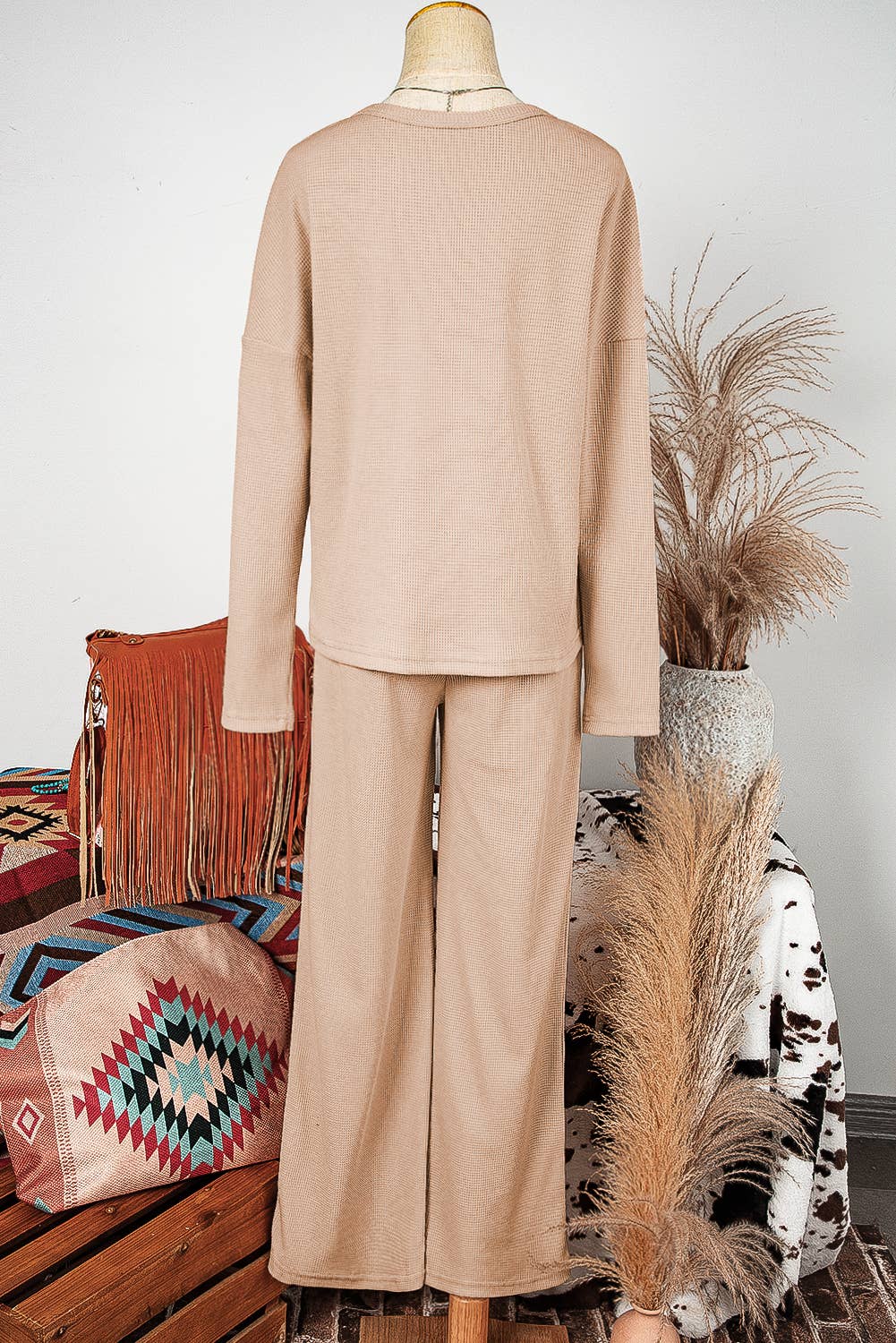 Fashion-W Textured Long Sleeve T Shirt and Pants Lounge Set
