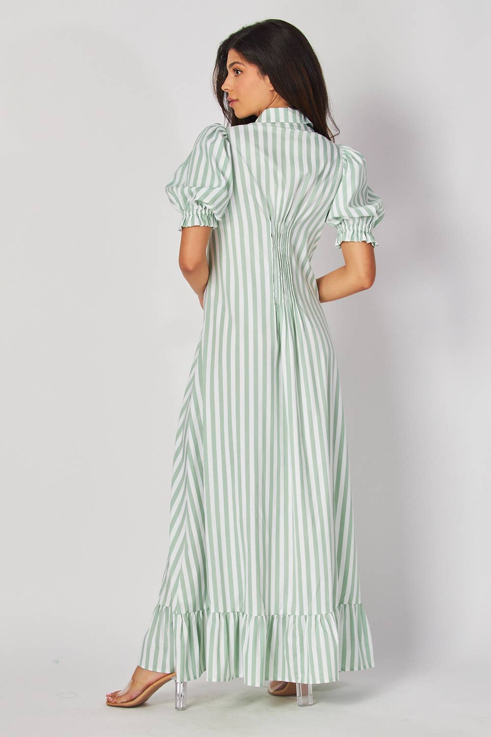 Stripe Bubble Sleeve Button-Down Maxi Dress-GREEN