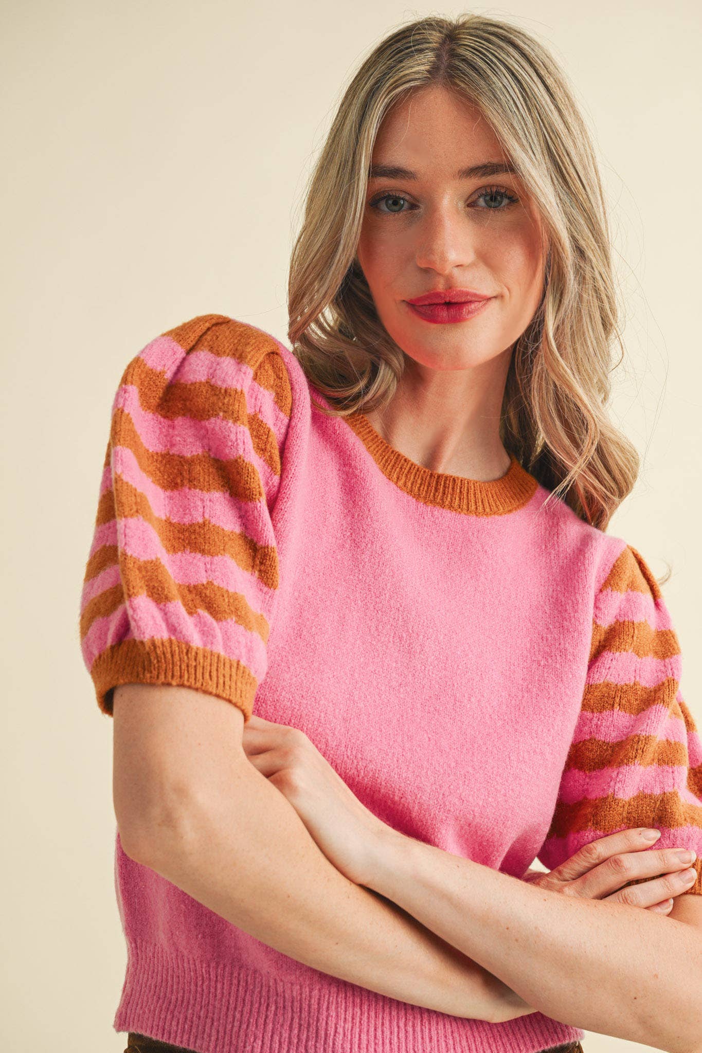 Soft Knit Striped Sweater with Puff Sleeves