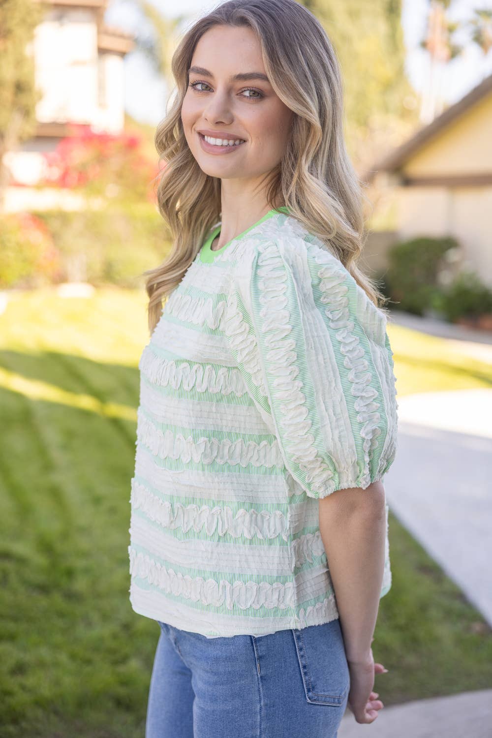 Striped Puff Sleeve Top with Wavy Contrast Trim