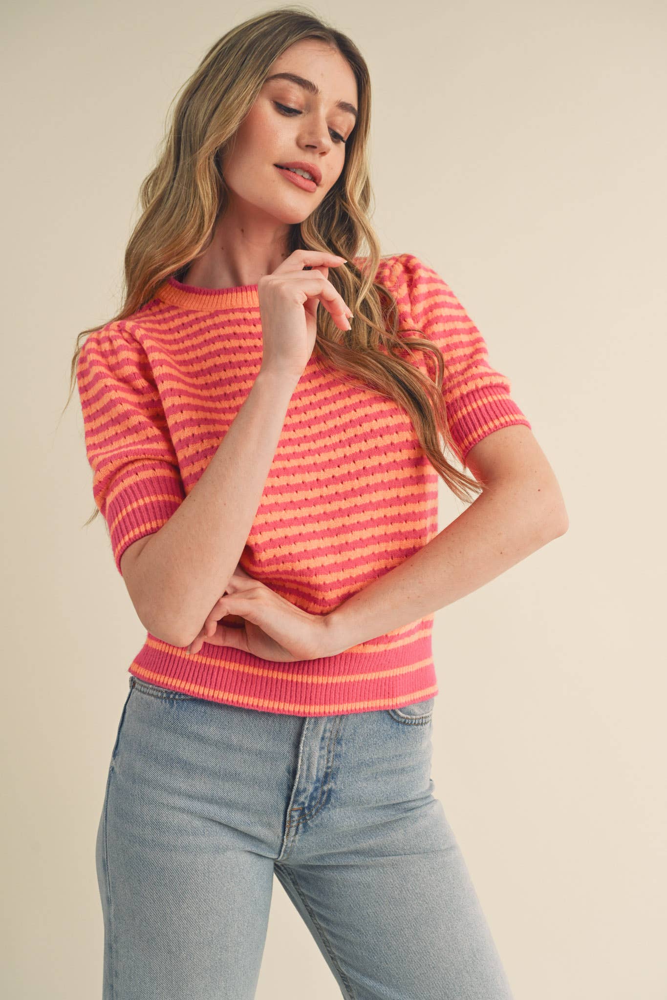Striped Pointelle Knit Sweater with Puff Sleeves – Lightweight Crew Neck