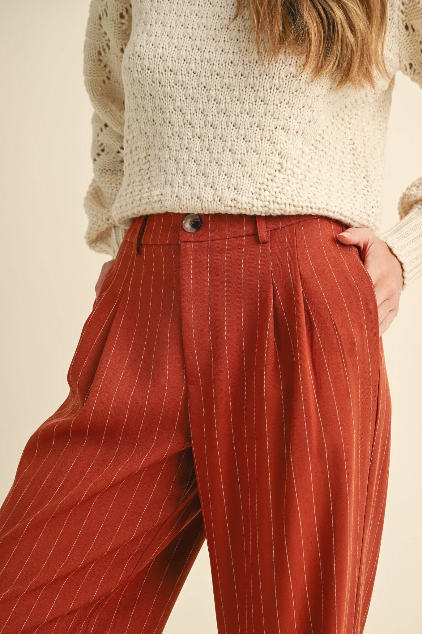 High-Waisted Pinstripe Wide Leg Trousers – Pleated Waist with Pockets & Zip Closure