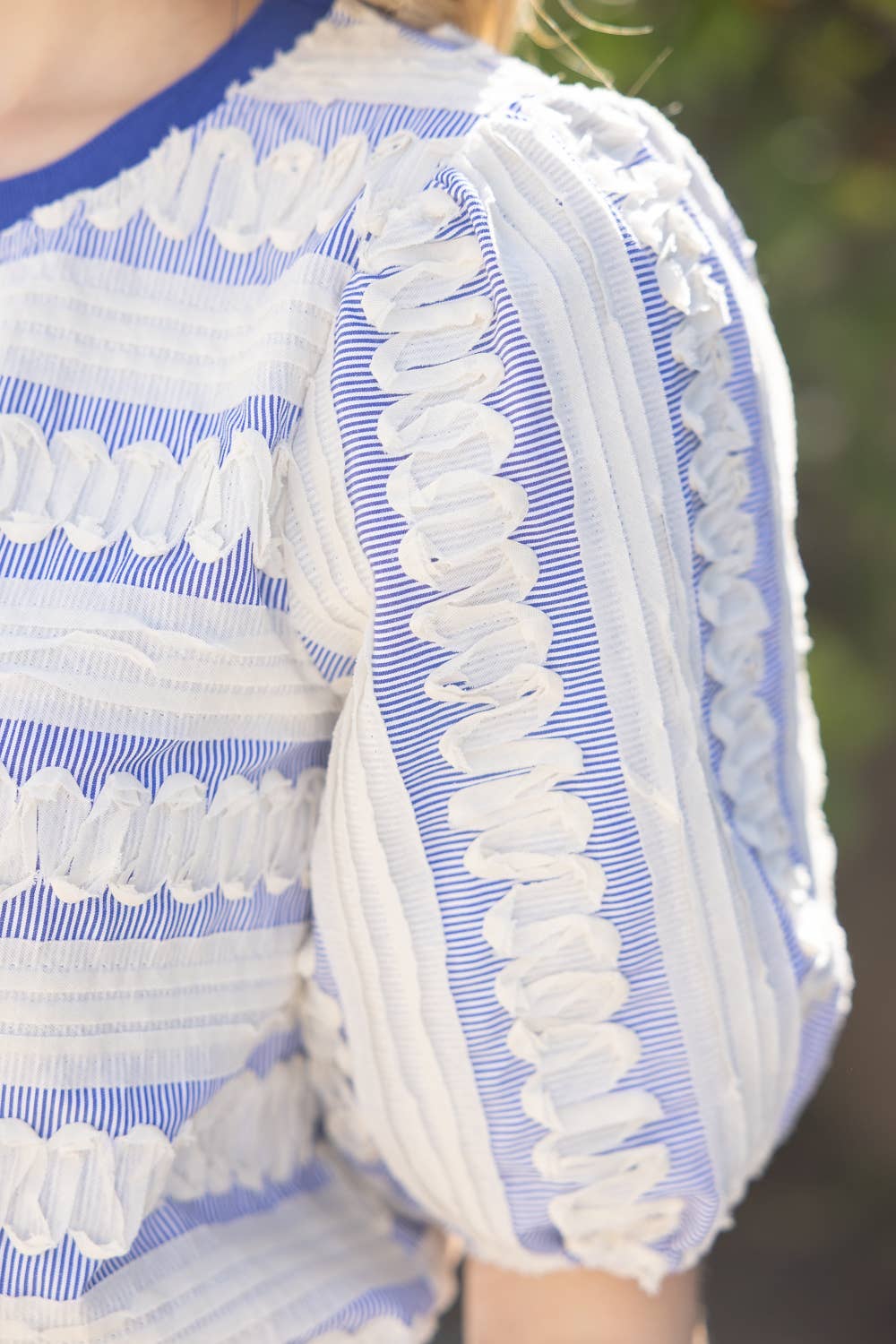 Striped Puff Sleeve Top with Wavy Contrast Trim