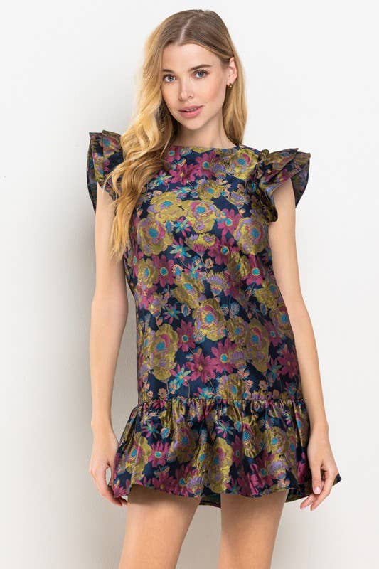 Floral Jacquard High Neck Dress