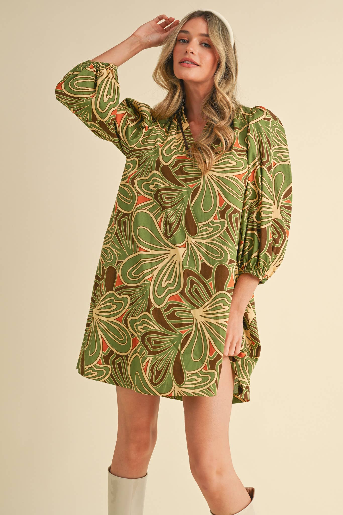 Ruffled V-Neck Mini Dress with Puff Sleeves – Scalloped Trim & A-Line Fit