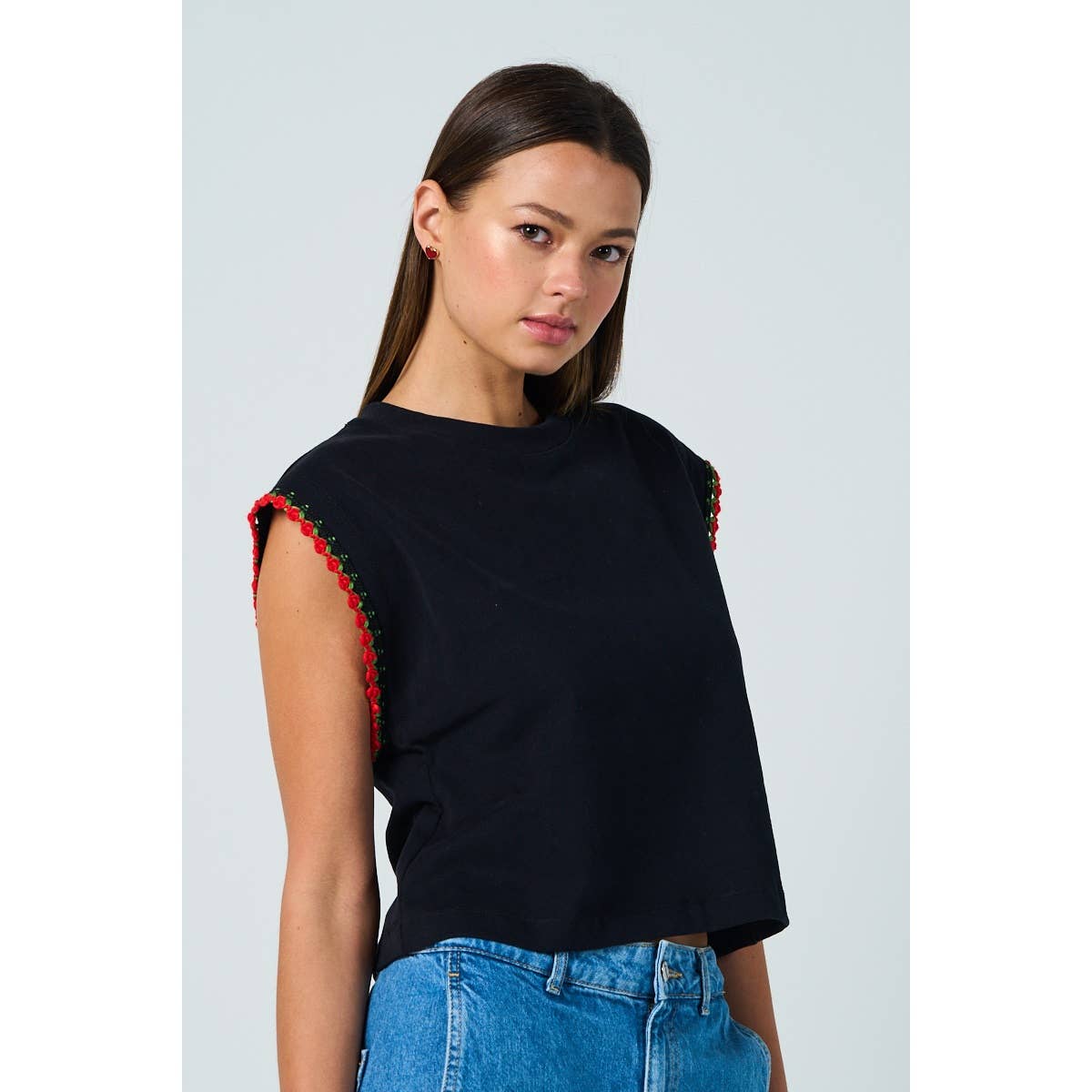 Cotton Drop Shoulder Top with Floral Sleeve Trim – Relaxed & Feminine Fit