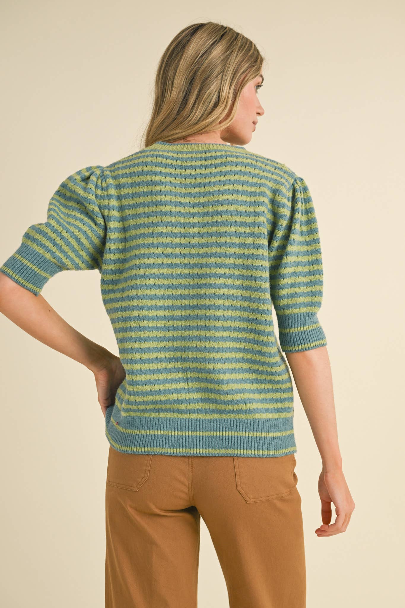 Striped Pointelle Knit Sweater with Puff Sleeves – Lightweight Crew Neck