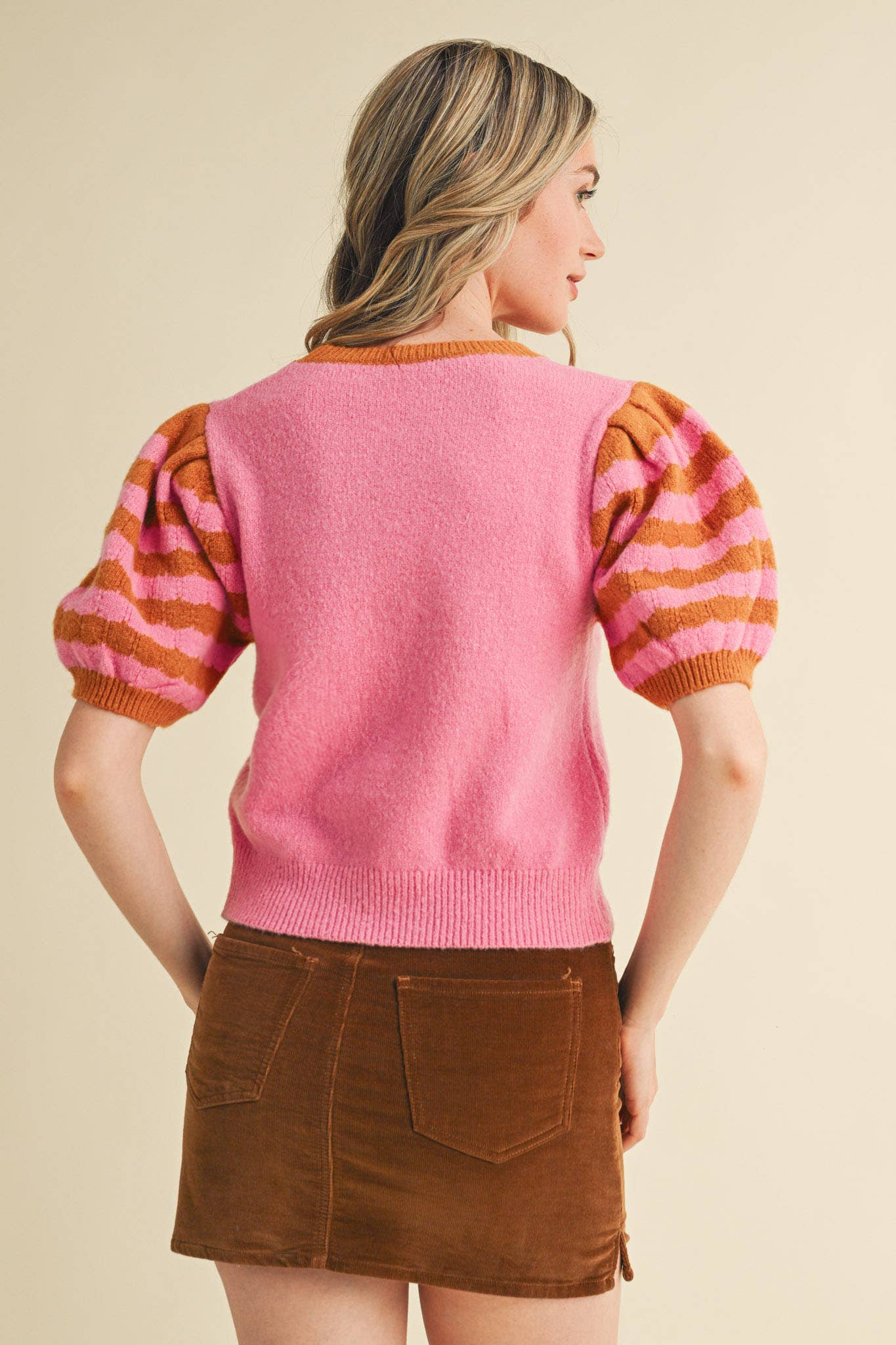 Soft Knit Striped Sweater with Puff Sleeves