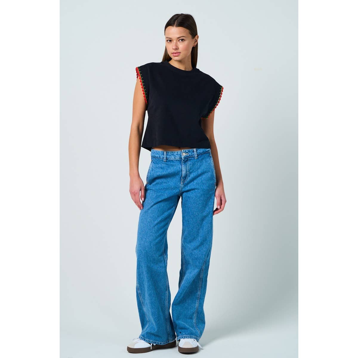 Cotton Drop Shoulder Top with Floral Sleeve Trim – Relaxed & Feminine Fit