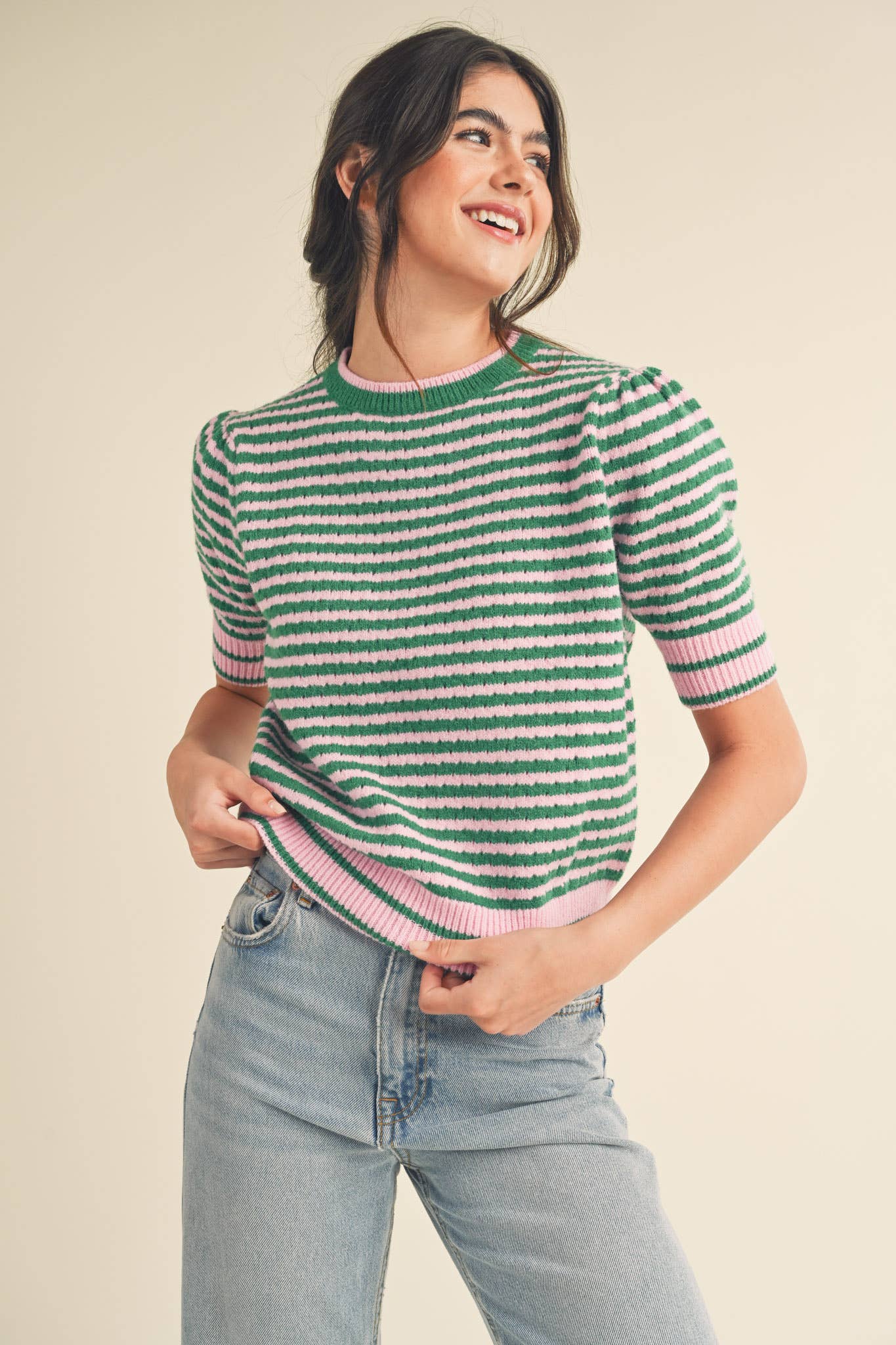 Striped Pointelle Knit Sweater with Puff Sleeves – Lightweight Crew Neck