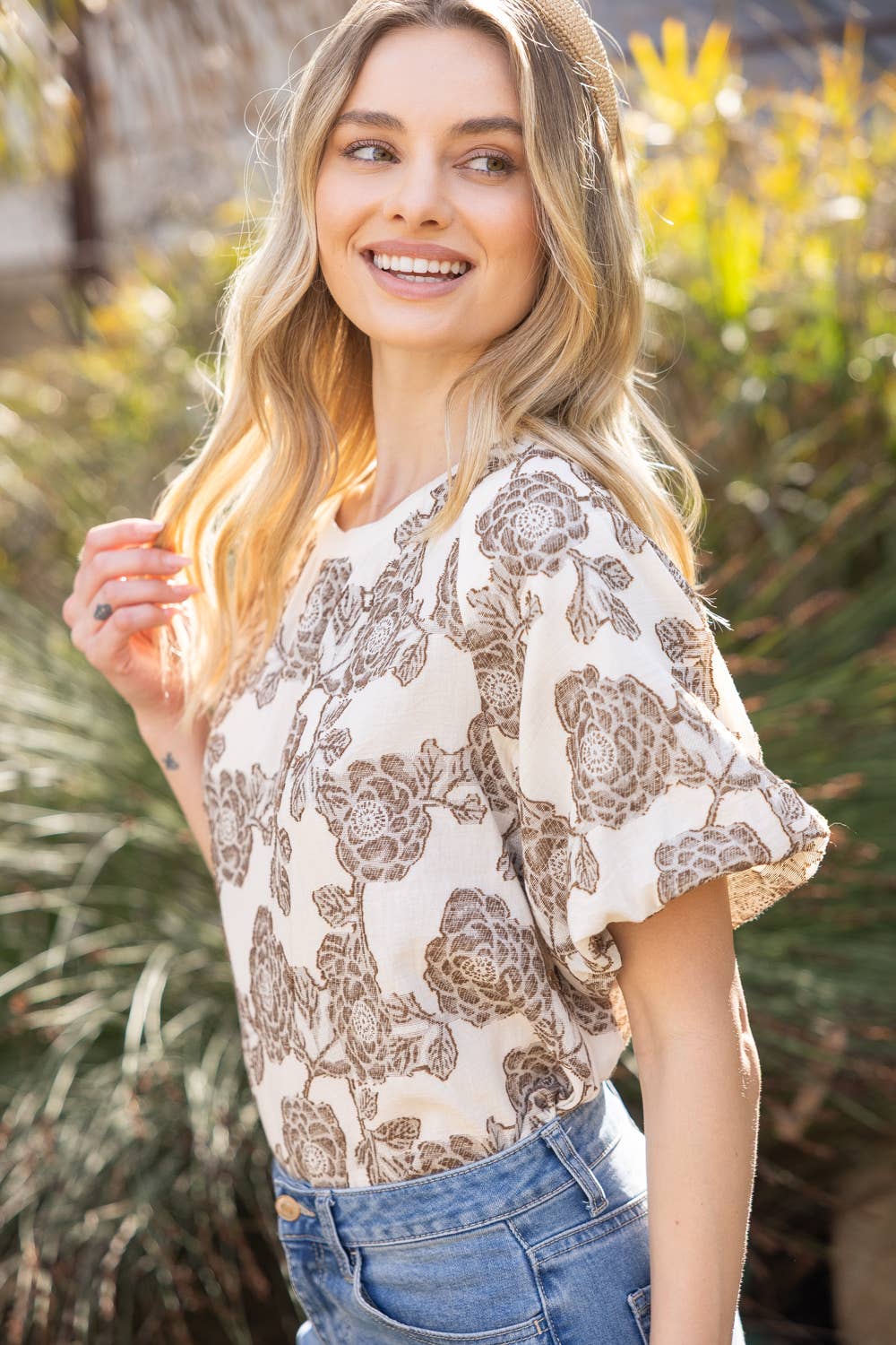 Floral Bubble Sleeve Top – Ribbed Round Neck Blouse
