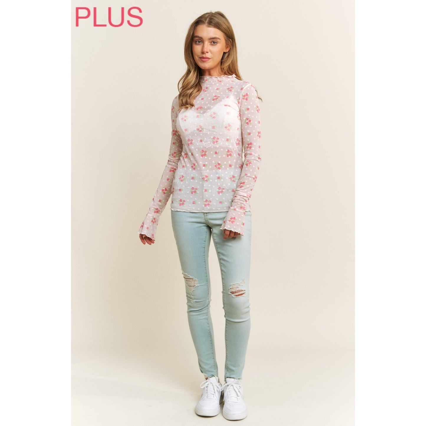 CUTE MESH HEART FLOCKING WITH FLORAL PRINT HIGH NECK DESIGN