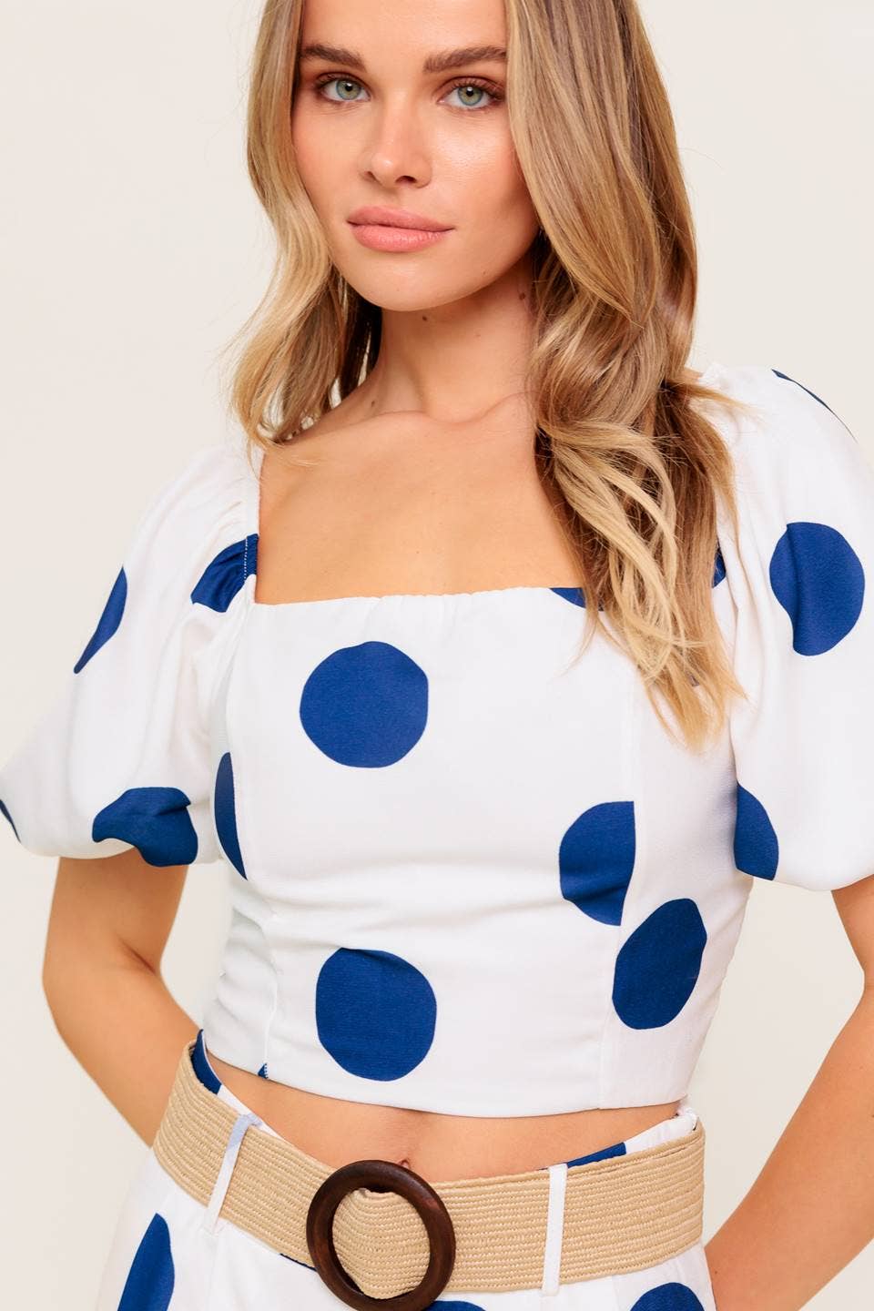 Blue Polka Dot Puff Sleeve Set – Square Neck Top & Streamlined Pants