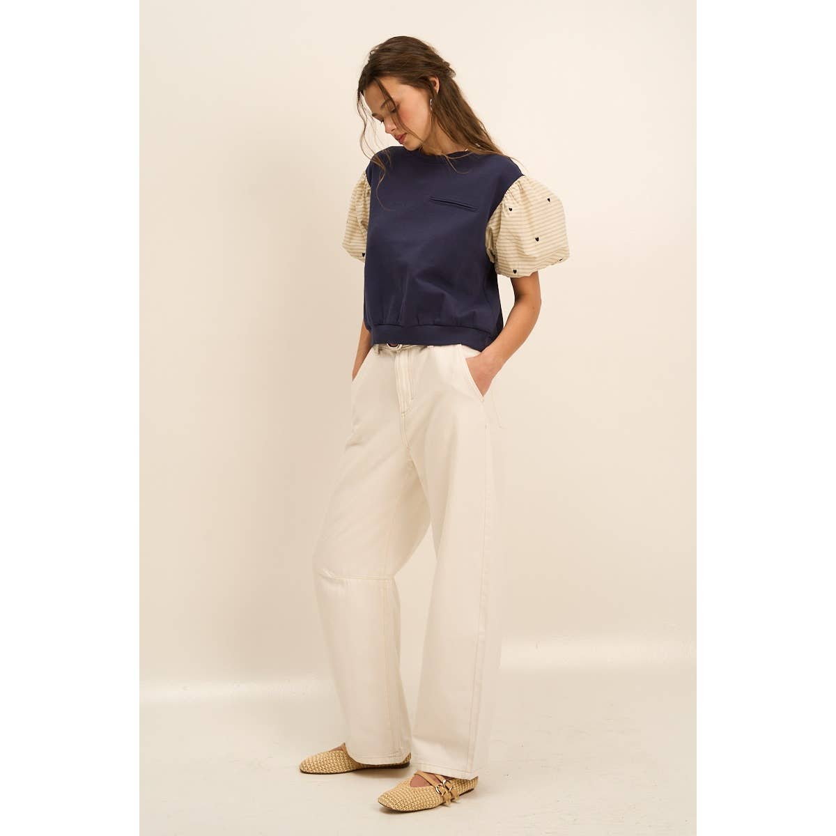 Striped Puff Sleeve Top with Heart Detail – Feminine Blouse
