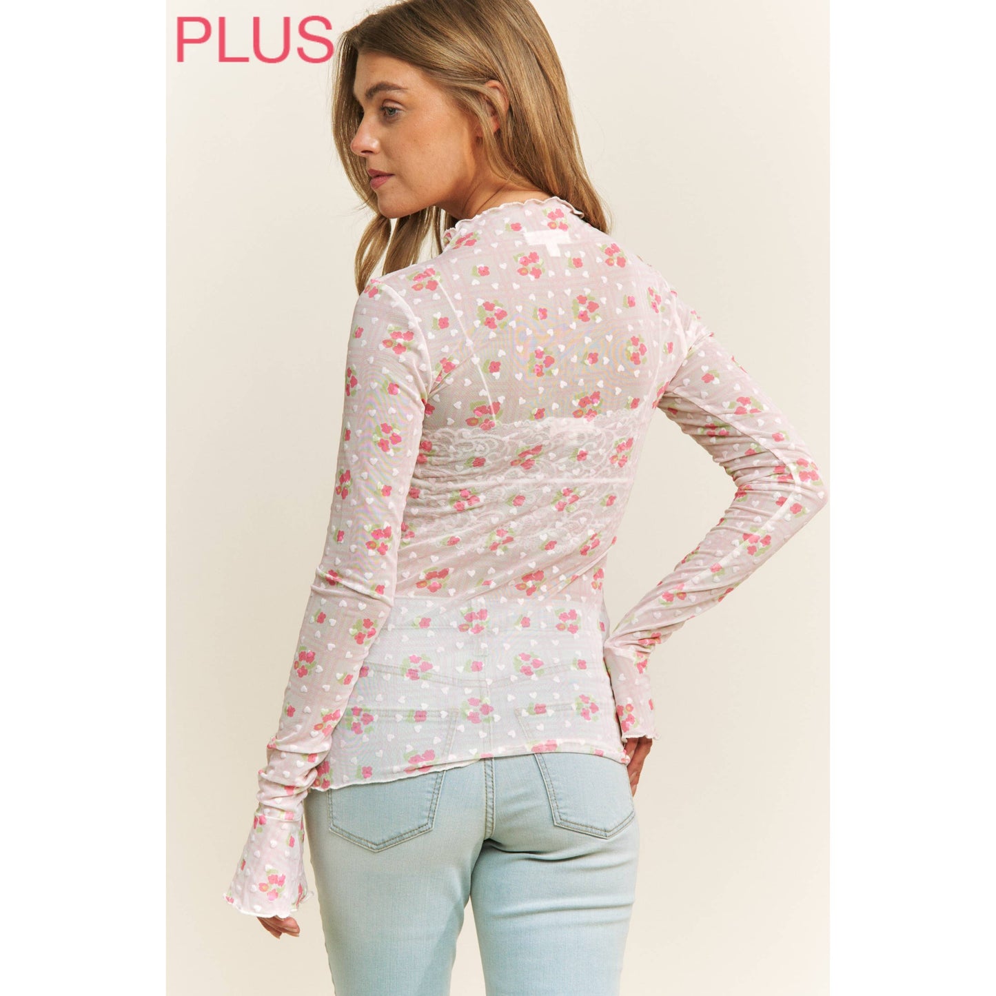CUTE MESH HEART FLOCKING WITH FLORAL PRINT HIGH NECK DESIGN