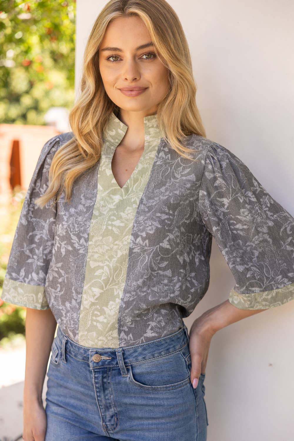 Color Block Floral Top – Wide Sleeve, High V-Neck