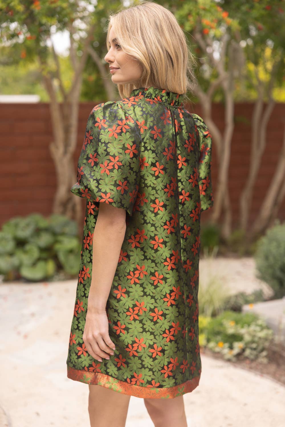 Floral Jaquard Ruffled V-Neck Shift Dress