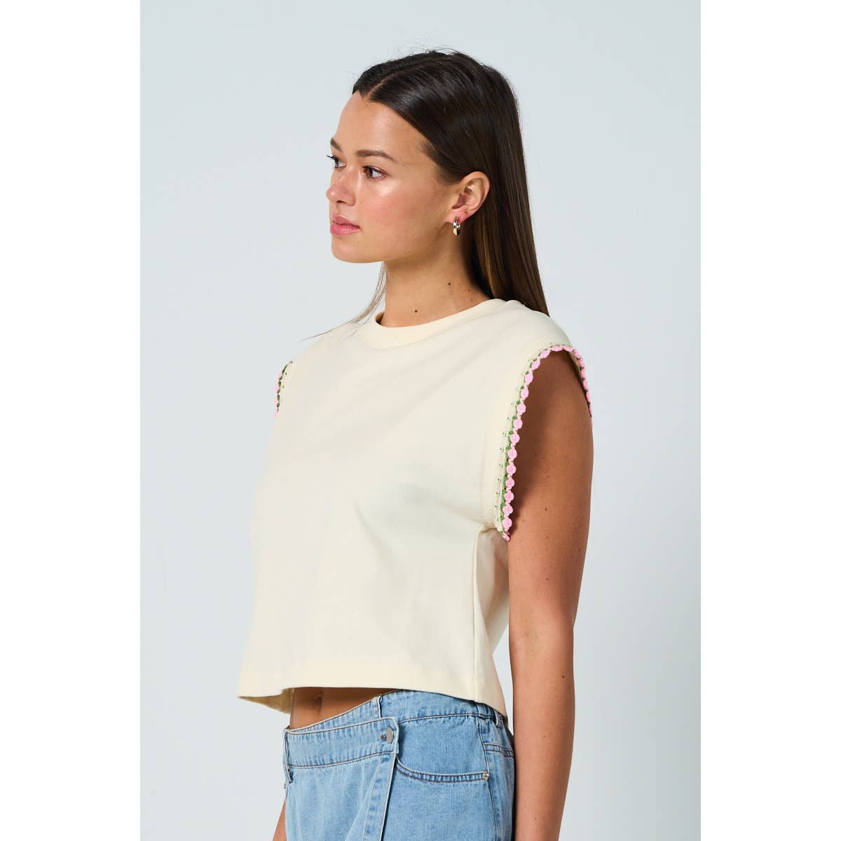 Cotton Drop Shoulder Top with Floral Sleeve Trim – Relaxed & Feminine Fit