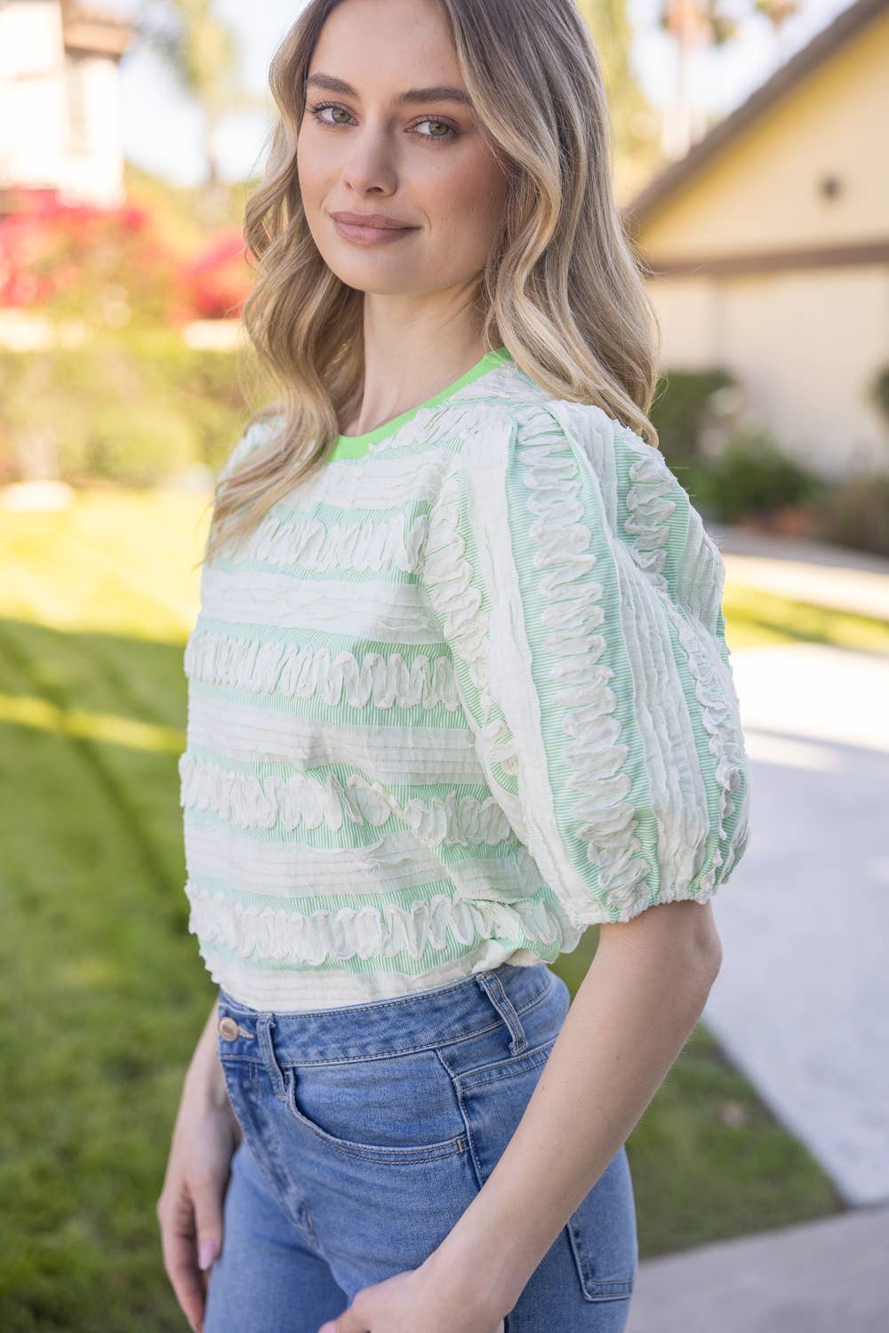 Striped Puff Sleeve Top with Wavy Contrast Trim