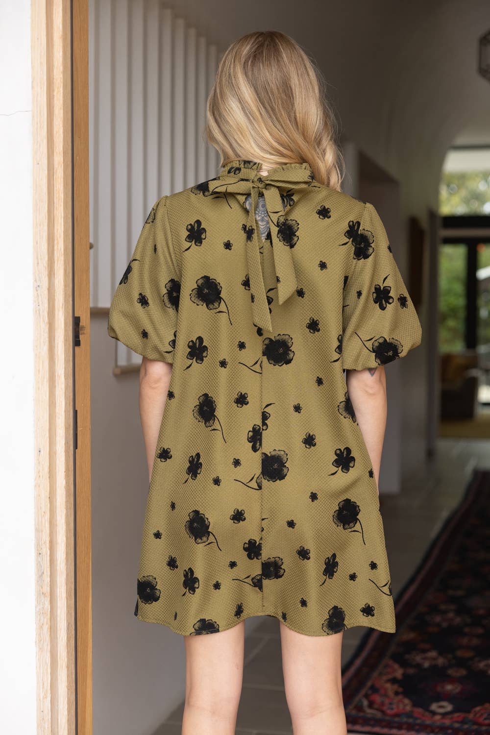 Floral Bubble Sleeve Dress with Ruffled Collar & Self-Tie Back