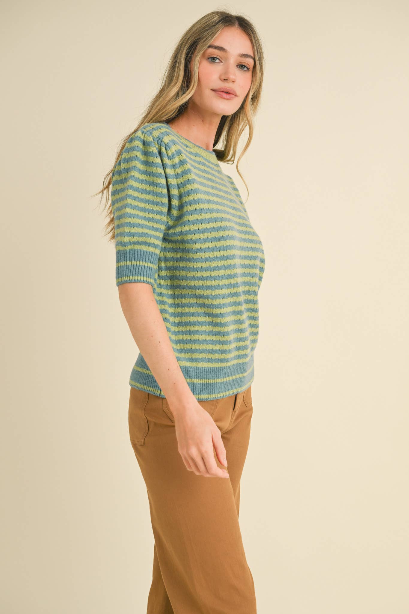 Striped Pointelle Knit Sweater with Puff Sleeves – Lightweight Crew Neck