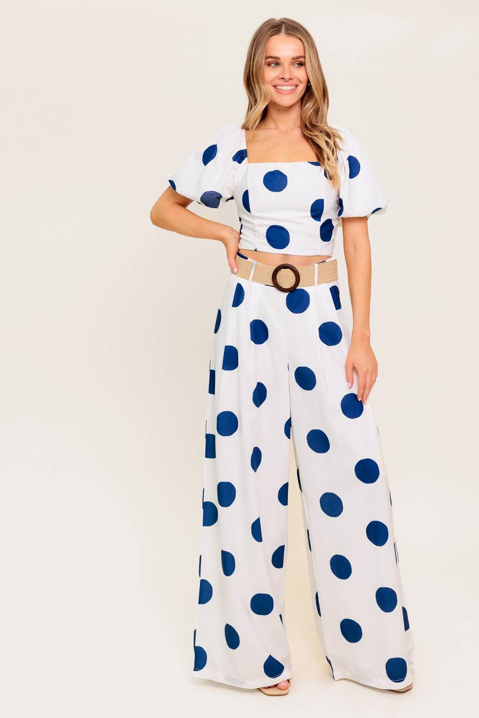 Blue Polka Dot Puff Sleeve Set – Square Neck Top & Streamlined Pants