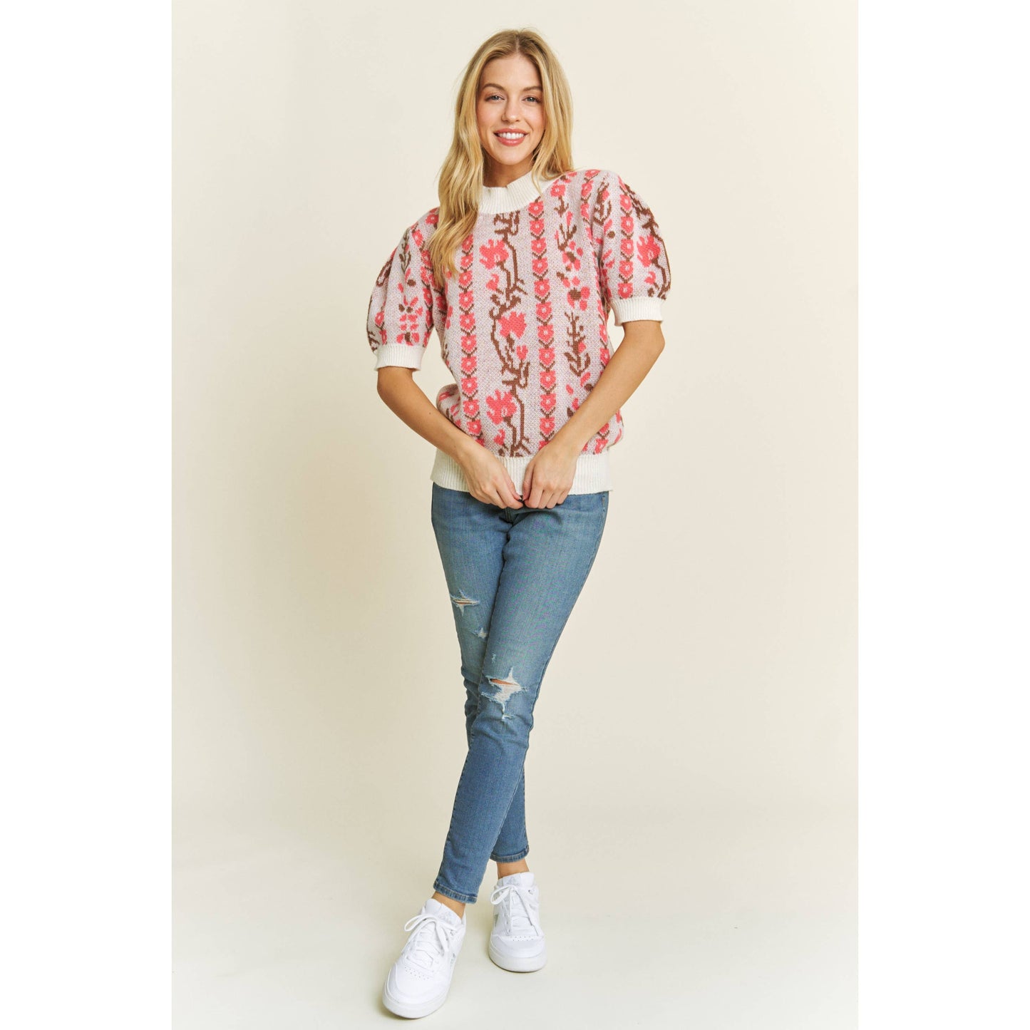 CUTE FLORAL JACQUARD CASUAL PULLOVER SWEATER