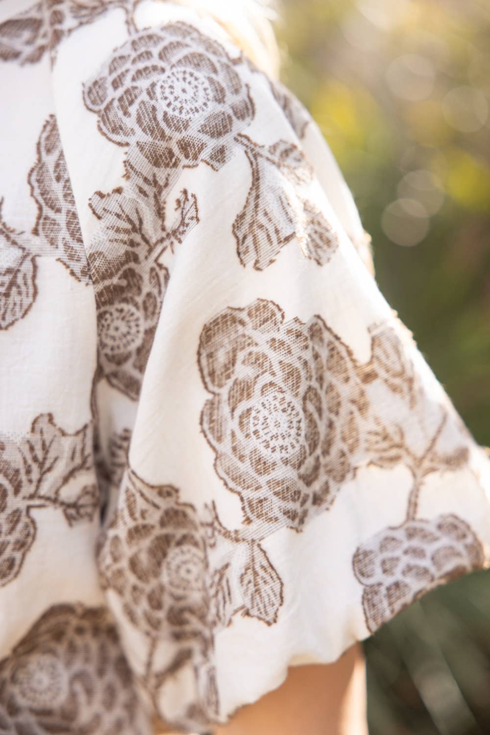 Floral Bubble Sleeve Top – Ribbed Round Neck Blouse