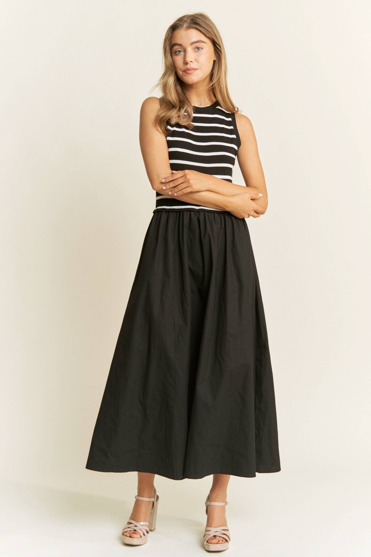 Cotton Maxi Dress with Knit Stripe Top – Sleeveless Pullover