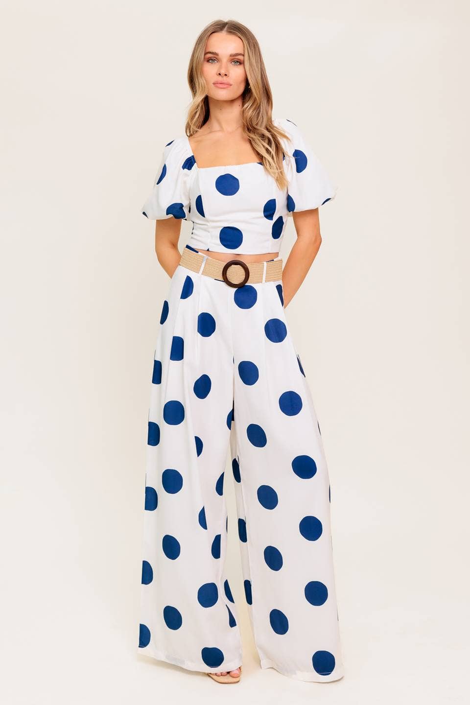 Blue Polka Dot Puff Sleeve Set – Square Neck Top & Streamlined Pants