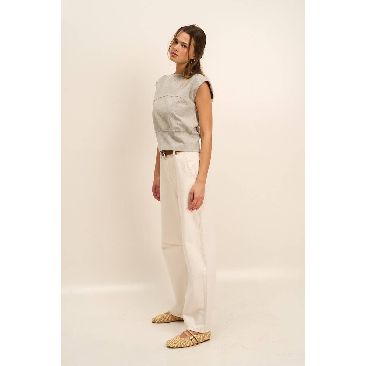 Adjustable Buckle Drop Shoulder Knit Top with Back Slit — Soft Cotton Blend