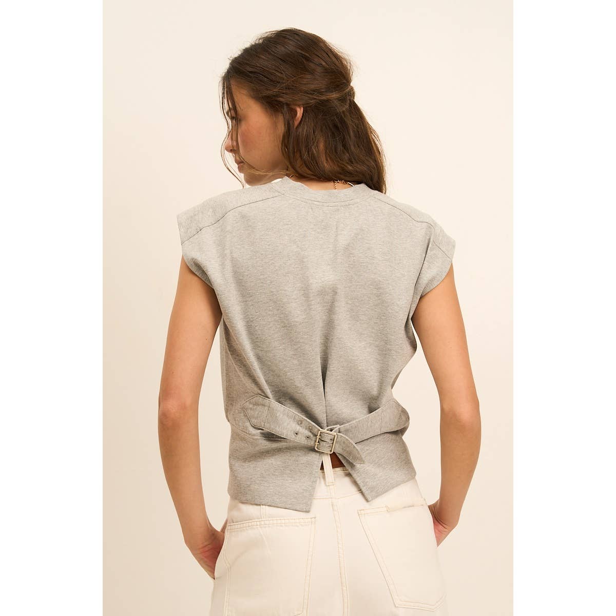 Adjustable Buckle Drop Shoulder Knit Top with Back Slit — Soft Cotton Blend