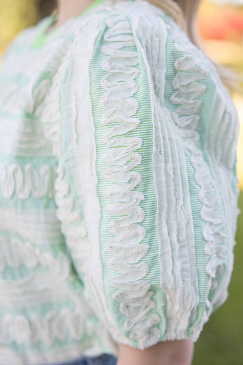 Striped Puff Sleeve Top with Wavy Contrast Trim