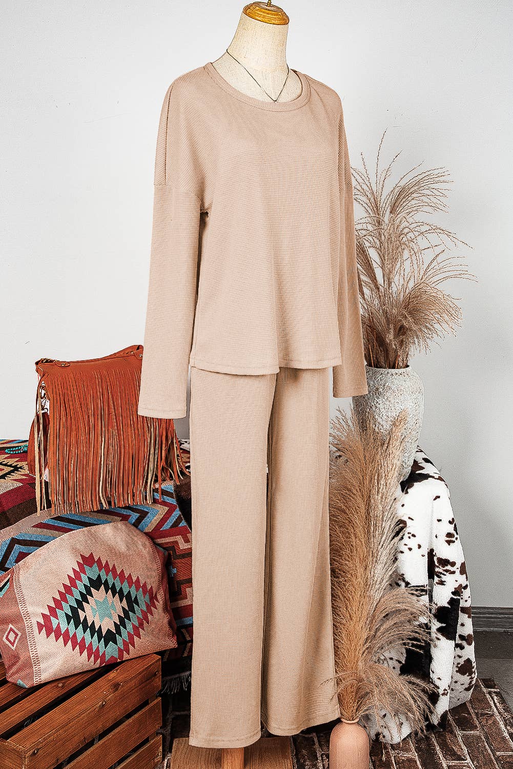Fashion-W Textured Long Sleeve T Shirt and Pants Lounge Set