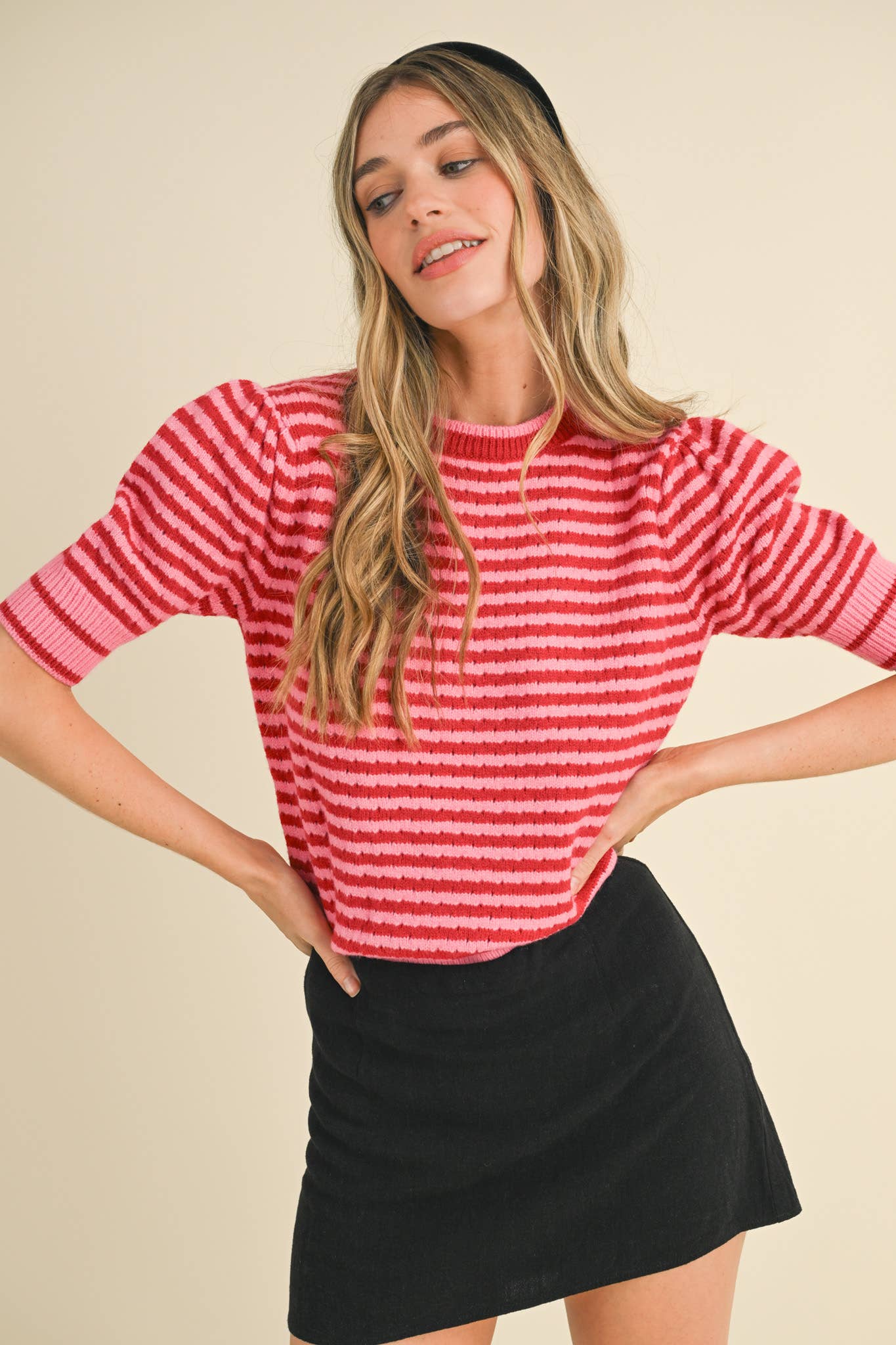 Striped Pointelle Knit Sweater with Puff Sleeves – Lightweight Crew Neck