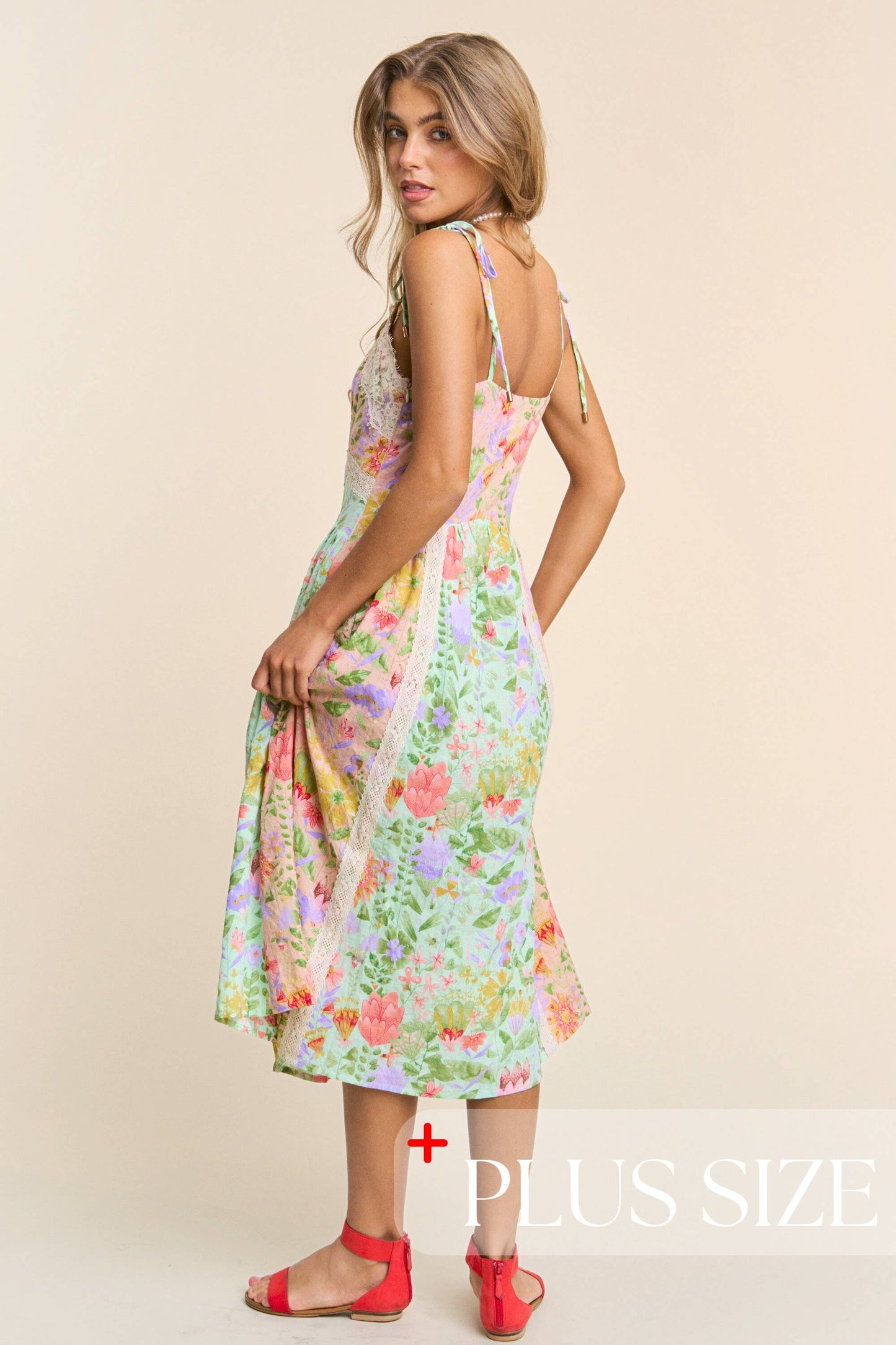 Plus Size Floral Lace Trim Tiered Midi Dress with Spaghetti Tie Straps