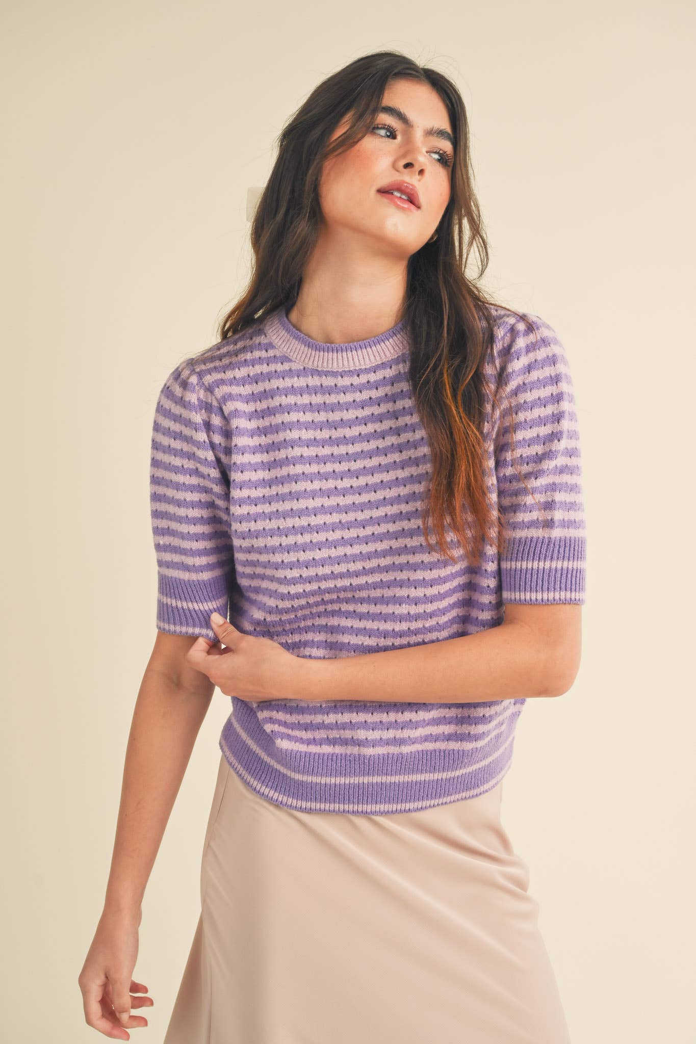 Striped Pointelle Knit Sweater with Puff Sleeves – Lightweight Crew Neck