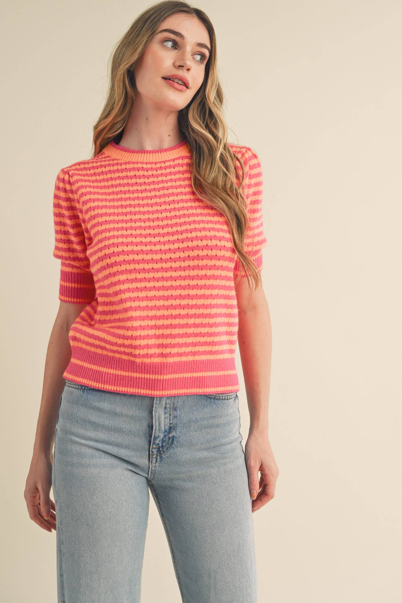 Striped Pointelle Knit Sweater with Puff Sleeves – Lightweight Crew Neck