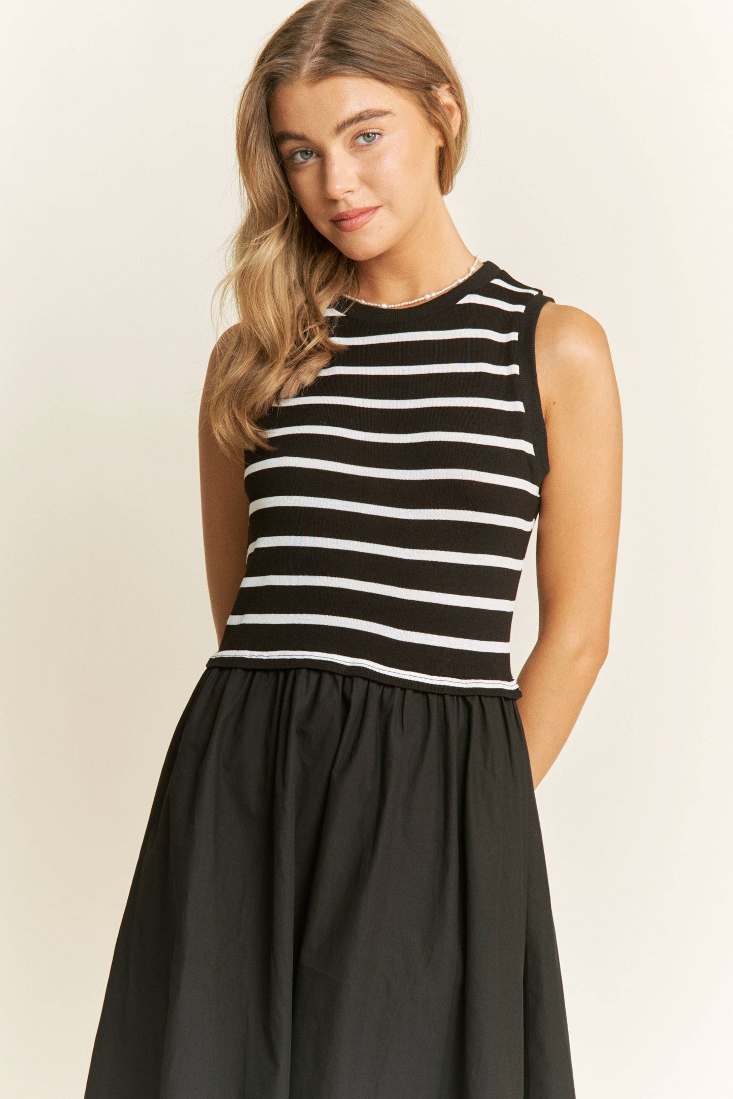 Cotton Maxi Dress with Knit Stripe Top – Sleeveless Pullover