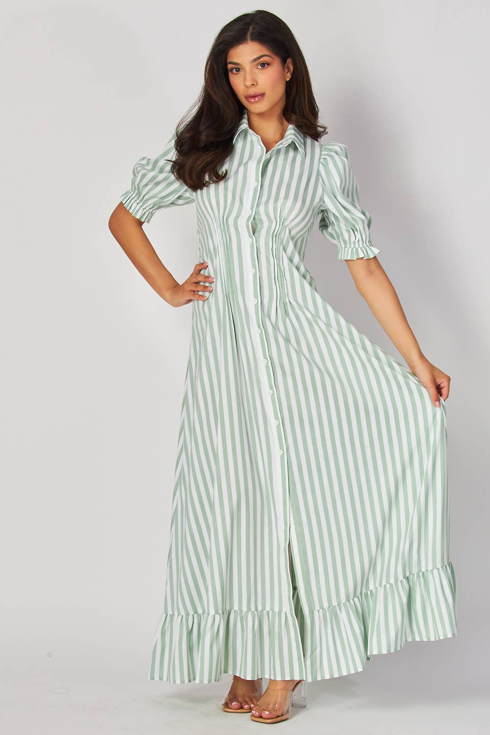 Stripe Bubble Sleeve Button-Down Maxi Dress-GREEN