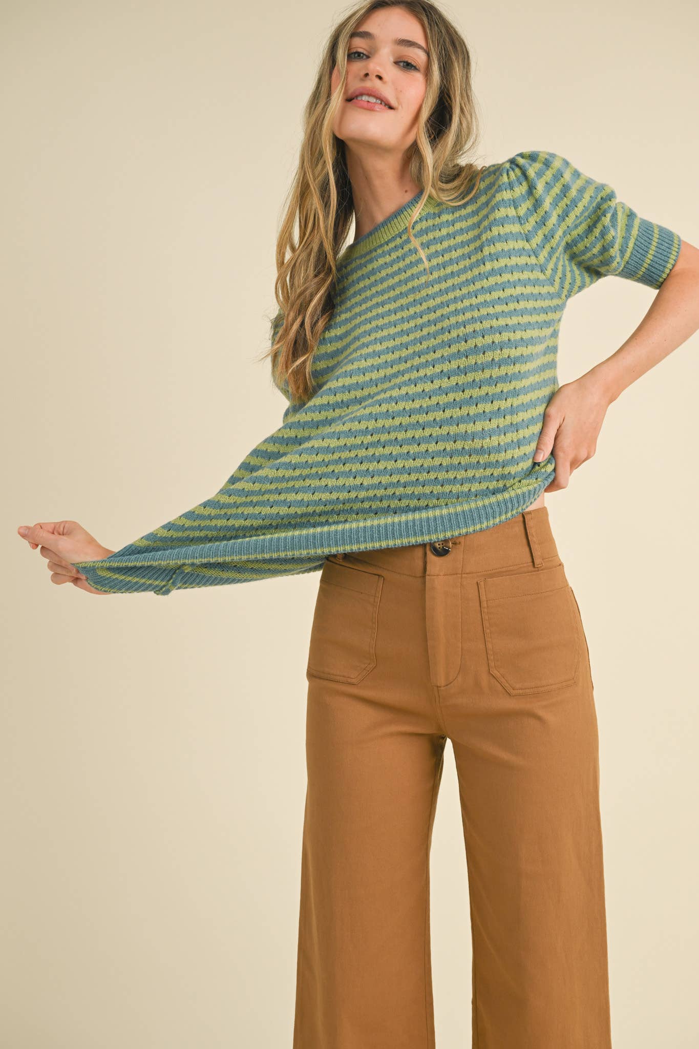 Striped Pointelle Knit Sweater with Puff Sleeves – Lightweight Crew Neck