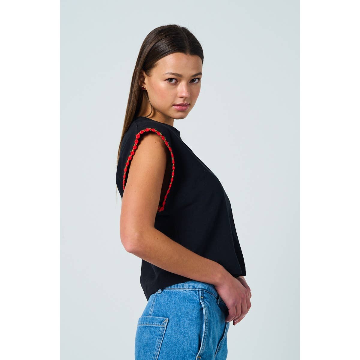 Cotton Drop Shoulder Top with Floral Sleeve Trim – Relaxed & Feminine Fit