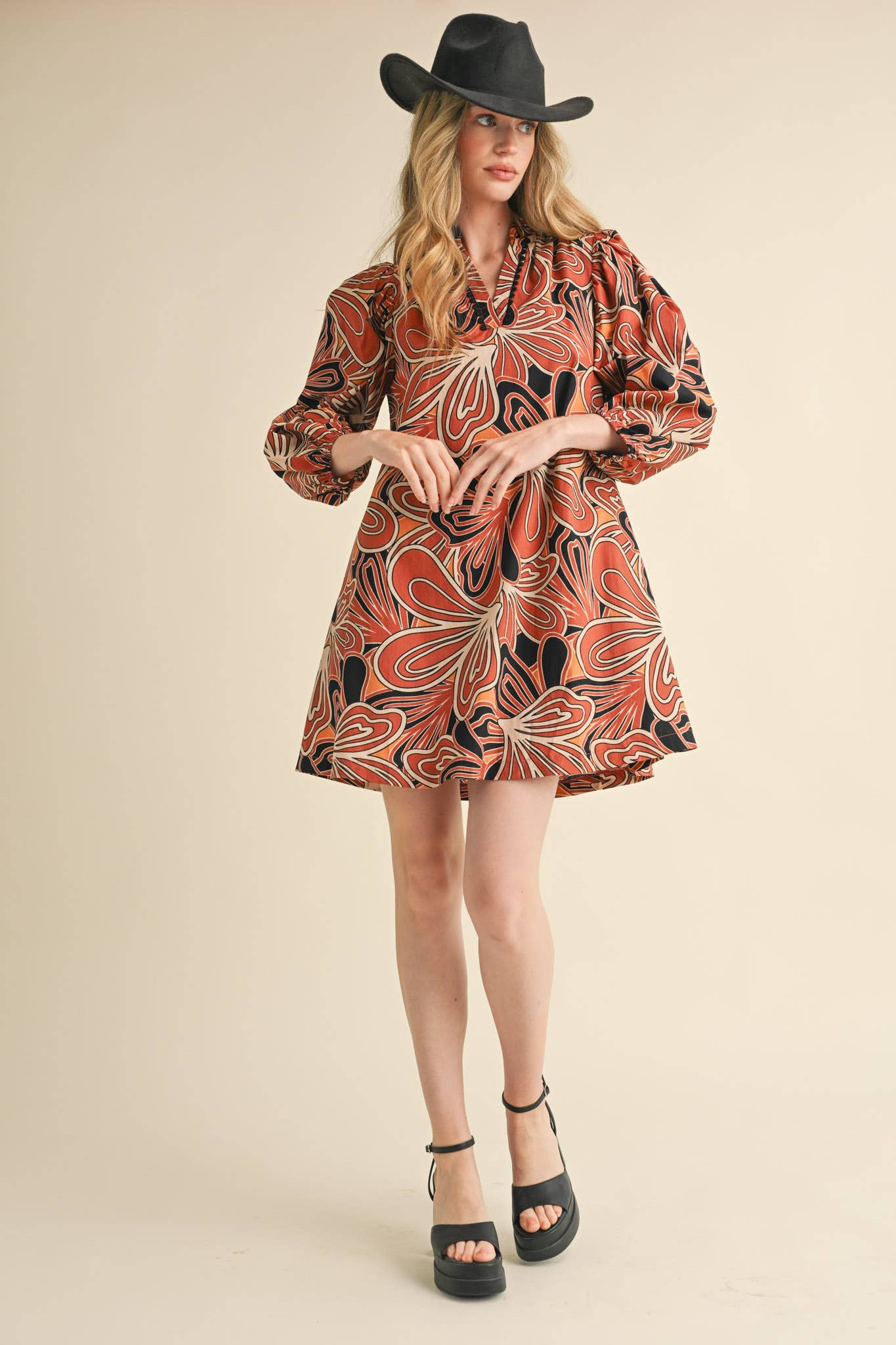 Ruffled V-Neck Mini Dress with Puff Sleeves – Scalloped Trim & A-Line Fit