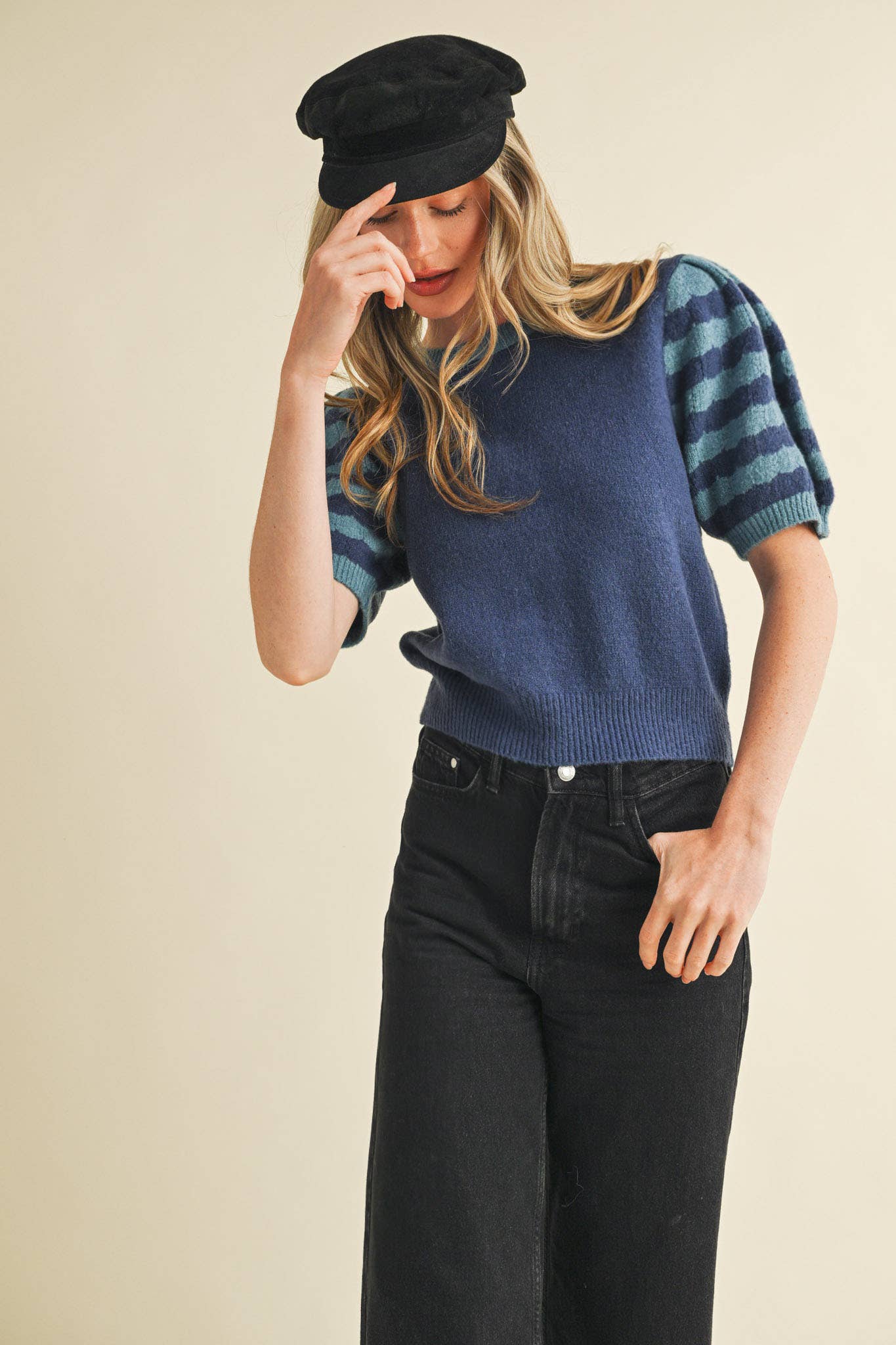 Soft Knit Striped Sweater with Puff Sleeves