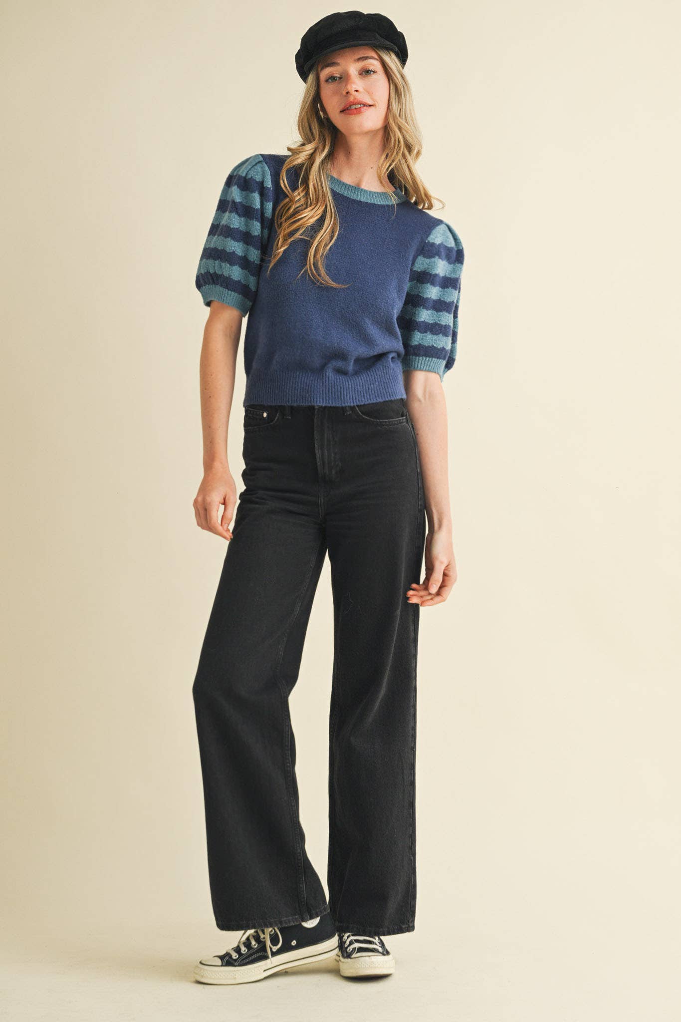 Soft Knit Striped Sweater with Puff Sleeves