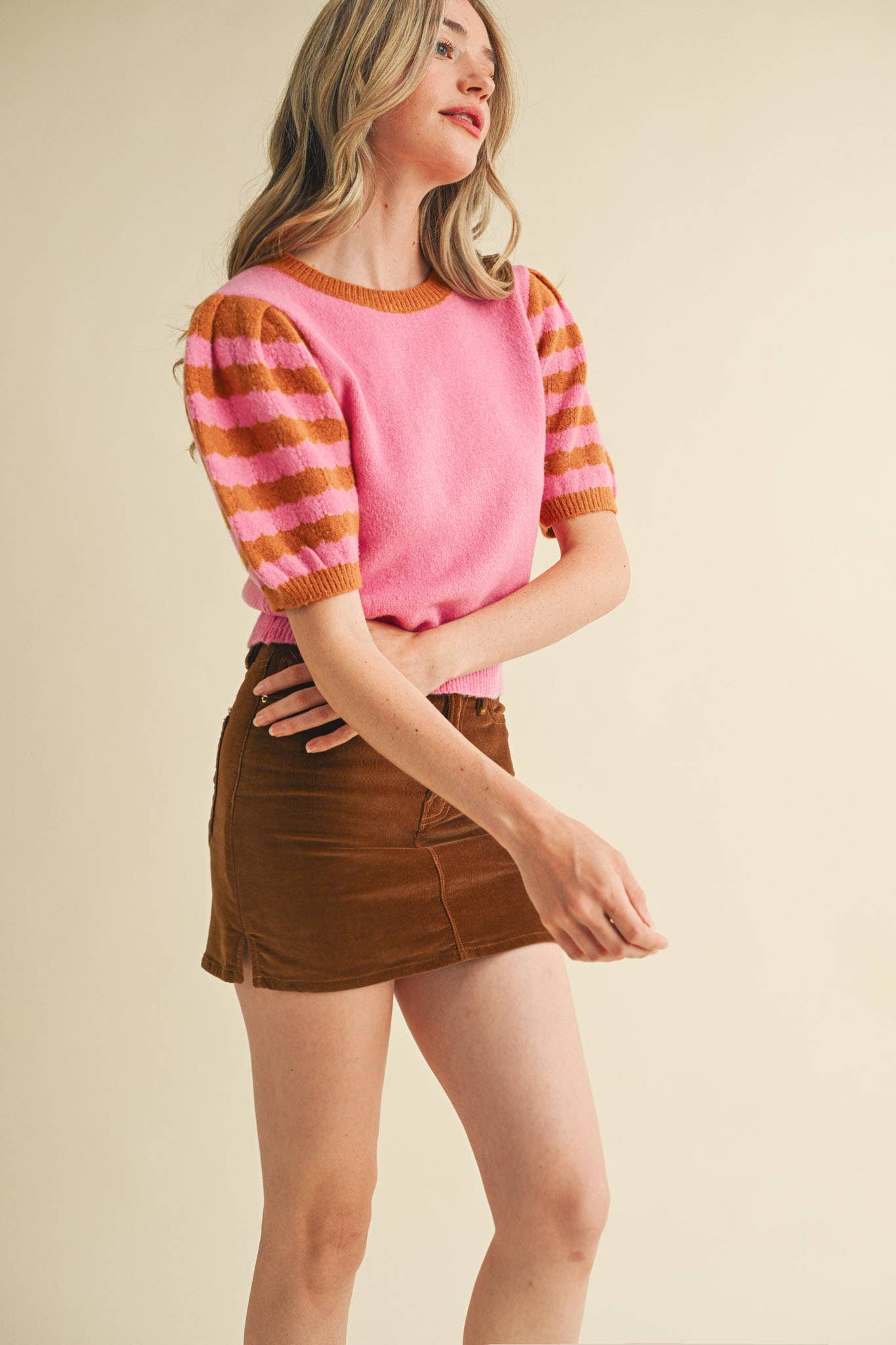 Soft Knit Striped Sweater with Puff Sleeves