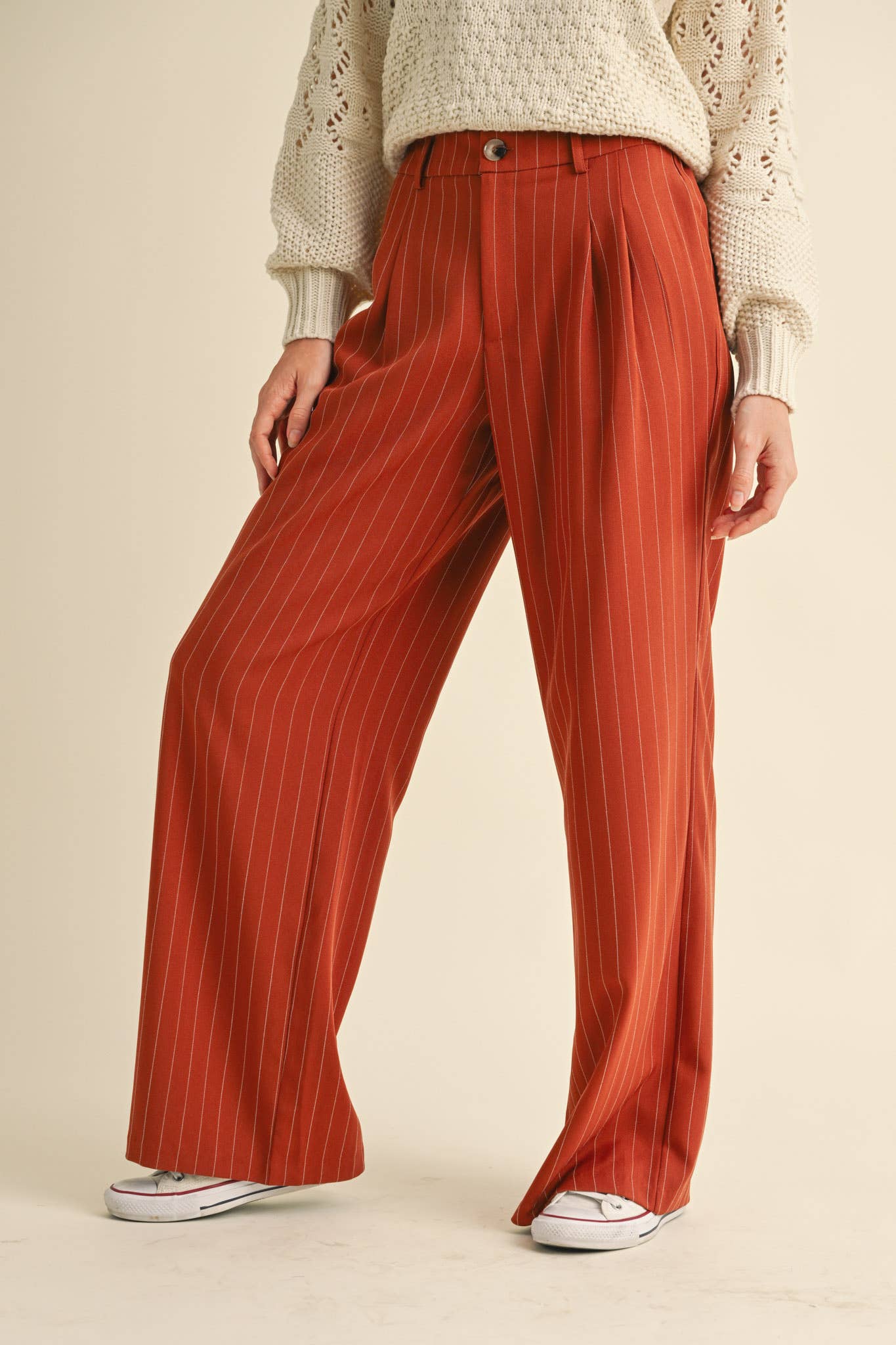 High-Waisted Pinstripe Wide Leg Trousers – Pleated Waist with Pockets & Zip Closure
